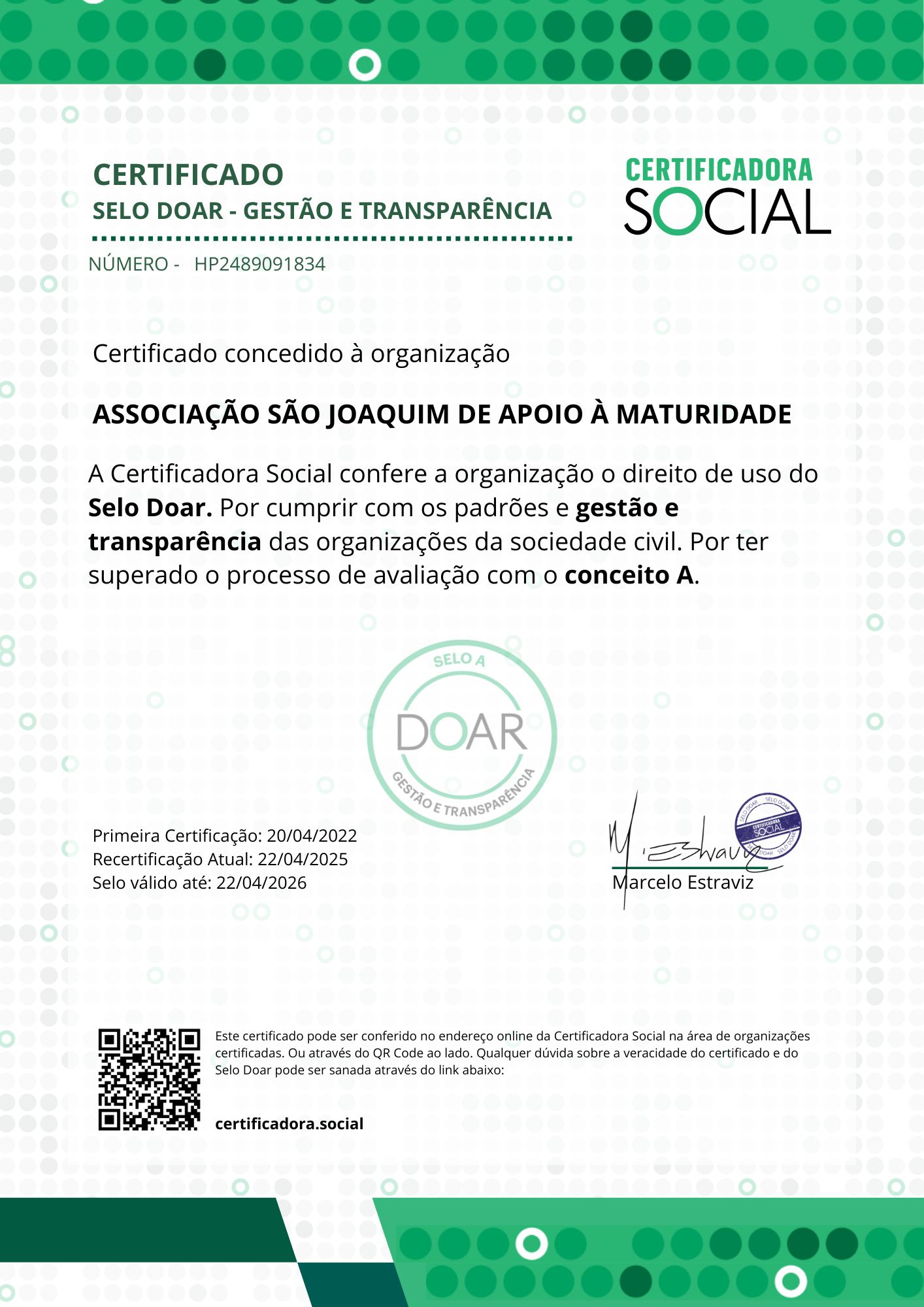 Selo Doar - ASSOCIAÇÃO SÃO JOAQUIM DE APOIO À MATURIDADE